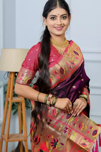 purple floral, zari woven slik blend saree with blouse