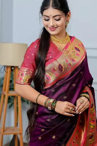purple floral, zari woven slik blend saree with blouse