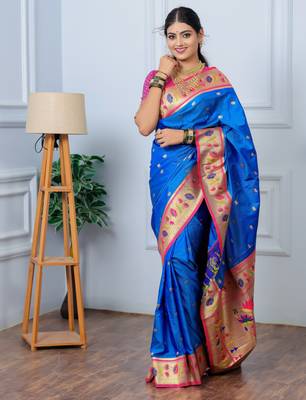 royal blue floral, zari woven slik blend saree with blouse 1
