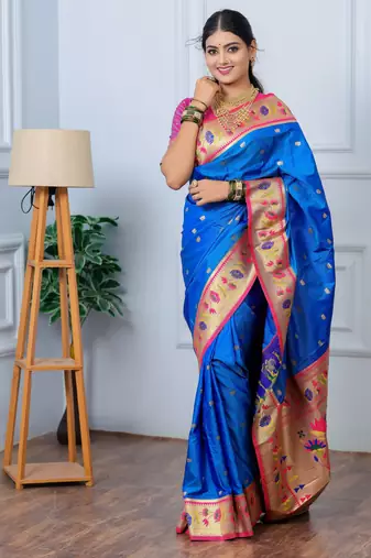 royal blue floral, zari woven slik blend saree with blouse