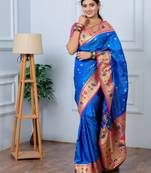 royal blue floral, zari woven slik blend saree with blouse