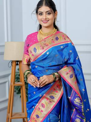 royal blue floral, zari woven slik blend saree with blouse 2