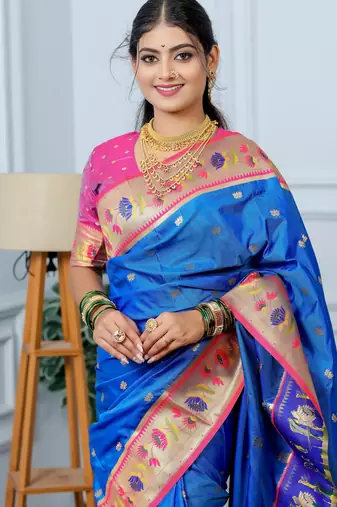 royal blue floral, zari woven slik blend saree with blouse