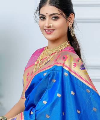 royal blue floral, zari woven slik blend saree with blouse 3