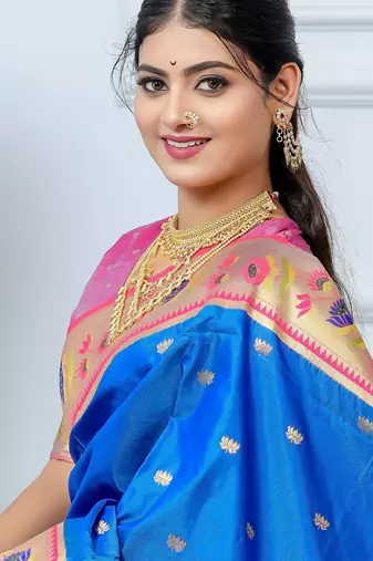 royal blue floral, zari woven slik blend saree with blouse