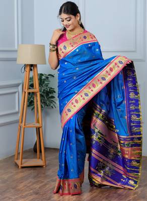 royal blue floral, zari woven slik blend saree with blouse 4