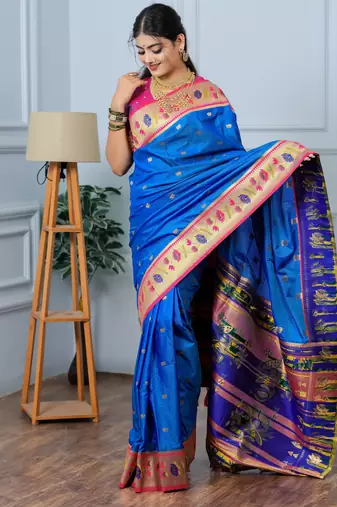royal blue floral, zari woven slik blend saree with blouse