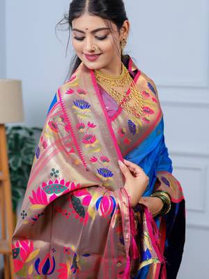 royal blue floral, zari woven slik blend saree with blouse 5