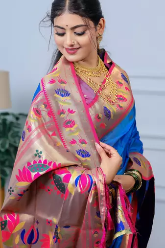 royal blue floral, zari woven slik blend saree with blouse