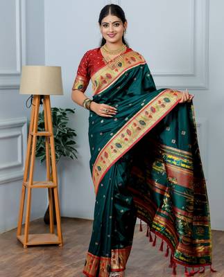 teal green floral, zari woven slik blend saree with blouse 1