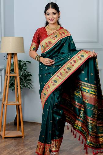 teal green floral, zari woven slik blend saree with blouse