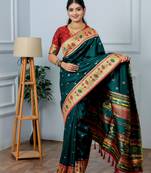 teal green floral, zari woven slik blend saree with blouse