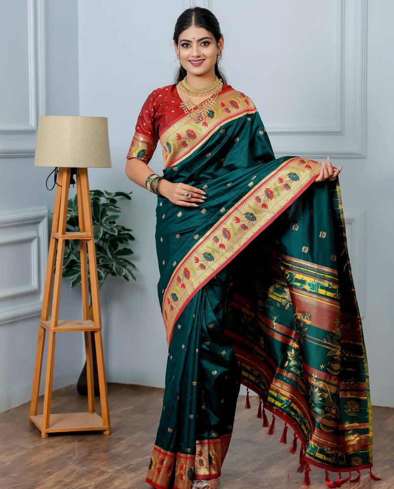 teal green floral, zari woven slik blend saree with blouse