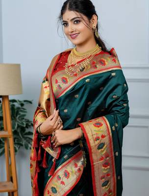 teal green floral, zari woven slik blend saree with blouse 2