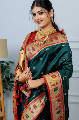 teal green floral, zari woven slik blend saree with blouse