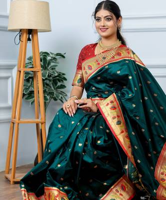teal green floral, zari woven slik blend saree with blouse 3