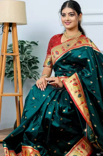teal green floral, zari woven slik blend saree with blouse