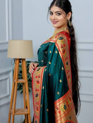 teal green floral, zari woven slik blend saree with blouse 4