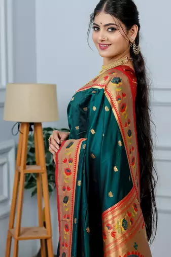 teal green floral, zari woven slik blend saree with blouse