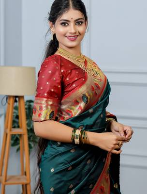 teal green floral, zari woven slik blend saree with blouse 5