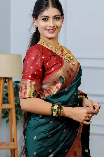 teal green floral, zari woven slik blend saree with blouse