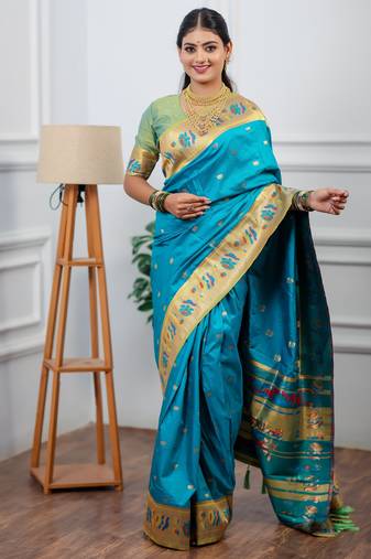 turquoise blue floral, zari woven slik blend saree with blouse