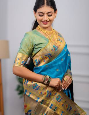 turquoise blue floral, zari woven slik blend saree with blouse 2