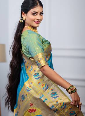 turquoise blue floral, zari woven slik blend saree with blouse 3