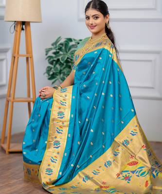 turquoise blue floral, zari woven slik blend saree with blouse 4