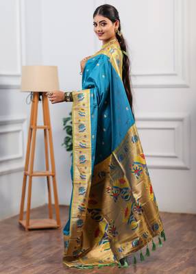 turquoise blue floral, zari woven slik blend saree with blouse 5