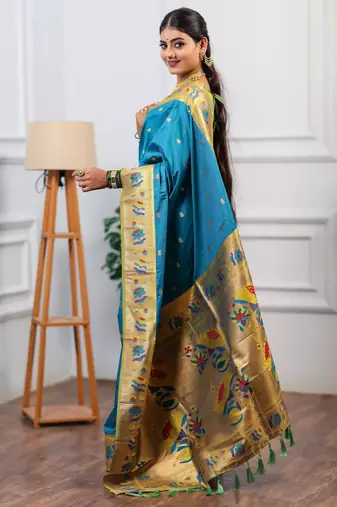 turquoise blue floral, zari woven slik blend saree with blouse