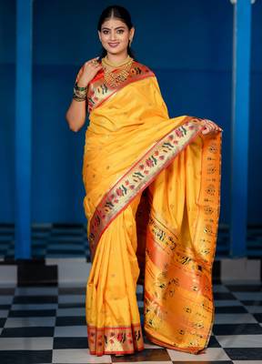 yellow floral, zari woven slik blend saree with blouse 1