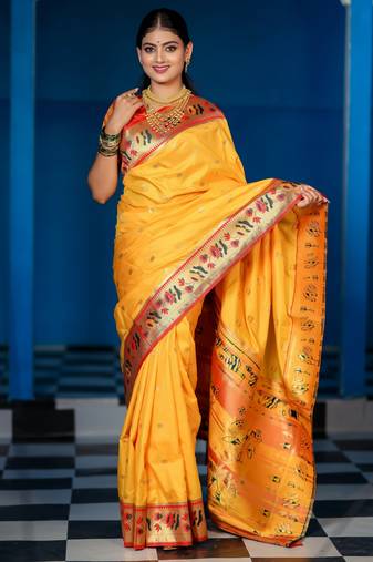 yellow floral, zari woven slik blend saree with blouse