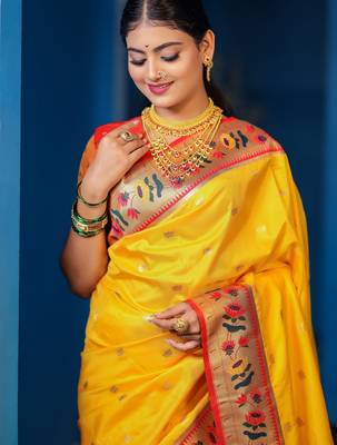 yellow floral, zari woven slik blend saree with blouse 2