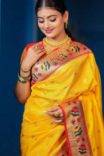 yellow floral, zari woven slik blend saree with blouse