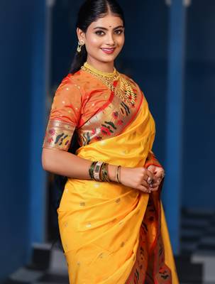 yellow floral, zari woven slik blend saree with blouse 3