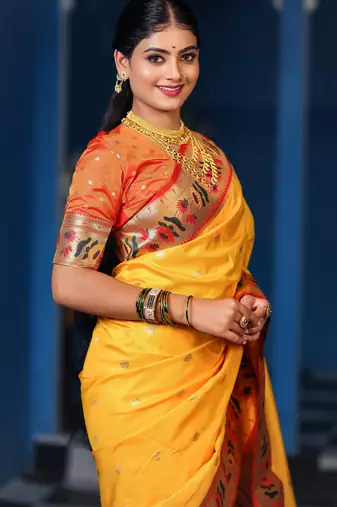 yellow floral, zari woven slik blend saree with blouse