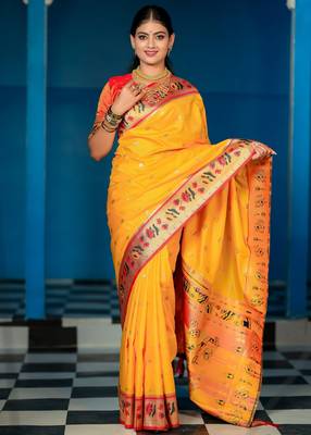 yellow floral, zari woven slik blend saree with blouse 4
