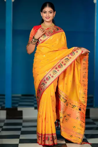 yellow floral, zari woven slik blend saree with blouse