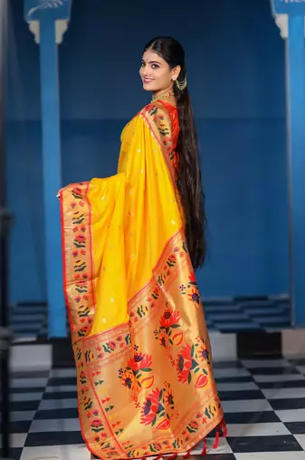 yellow floral, zari woven slik blend saree with blouse