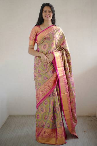 green floral, zari woven faux kanjivaram  semi silk saree with blouse