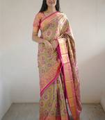 green floral, zari woven faux kanjivaram  semi silk saree with blouse
