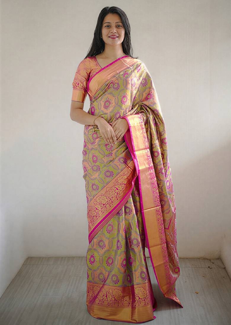 green floral, zari woven faux kanjivaram  semi silk saree with blouse