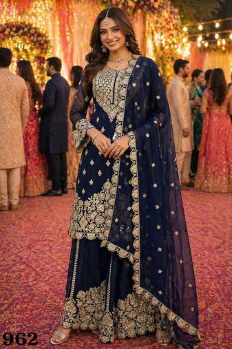 Navy blue real georgette wedding collection full stitched sharara suits free size upto 44