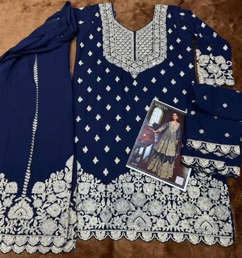Navy blue real georgette wedding collection full stitched sharara suits free size upto 44 3