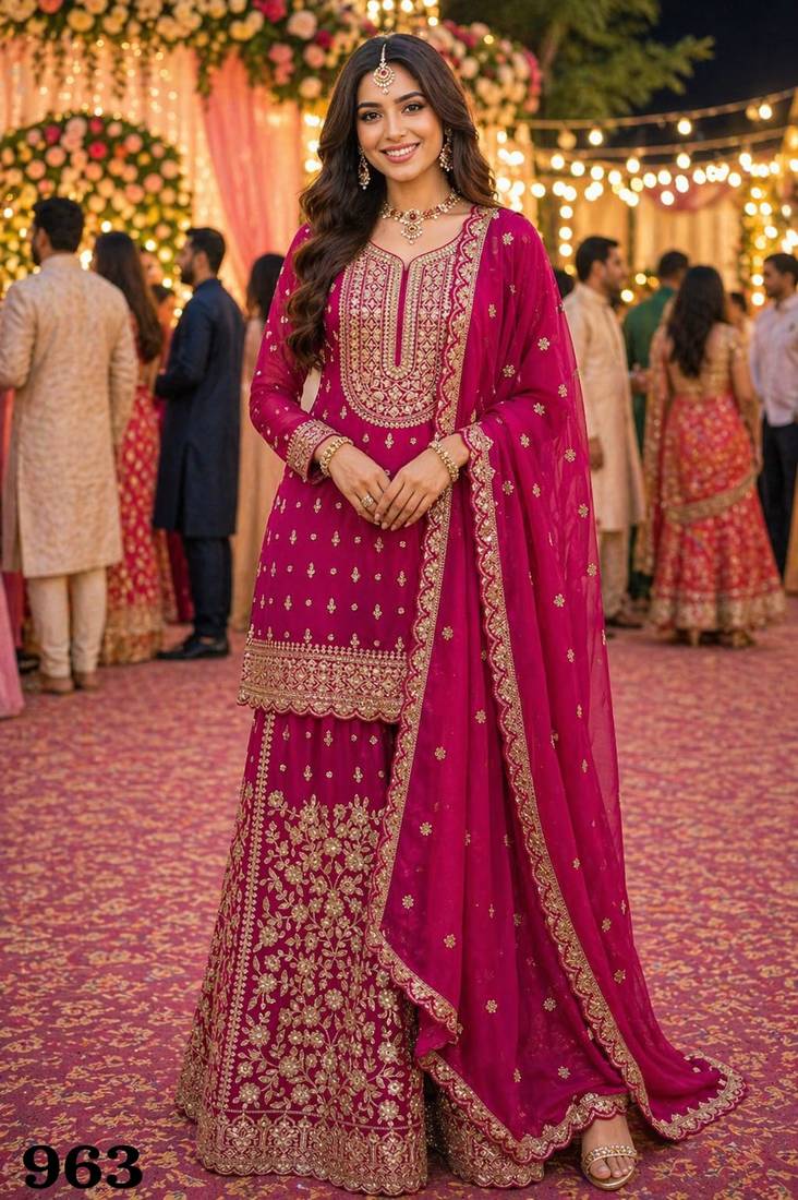 Pink real georgette wedding collection full stitched sharara suits free size upto 42