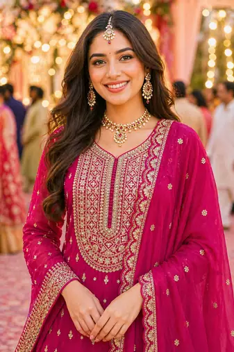 Pink real georgette wedding collection full stitched sharara suits free size upto 42