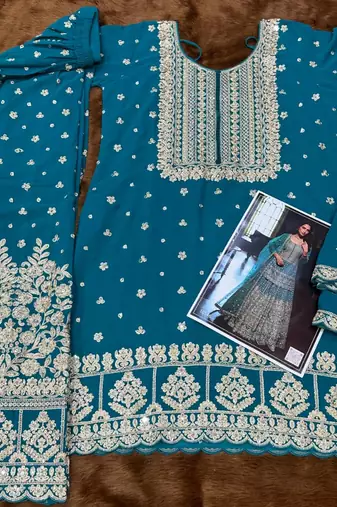 Light blue real georgette wedding collection full stitched sharara suits free size upto 42