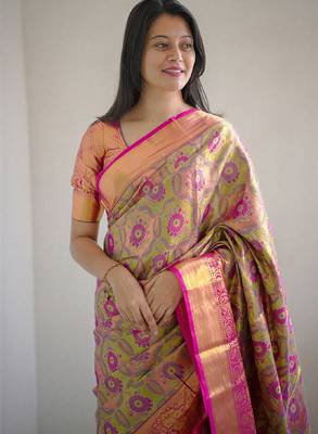 green floral, zari woven faux kanjivaram  semi silk saree with blouse 2