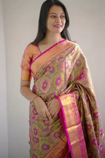 green floral, zari woven faux kanjivaram  semi silk saree with blouse